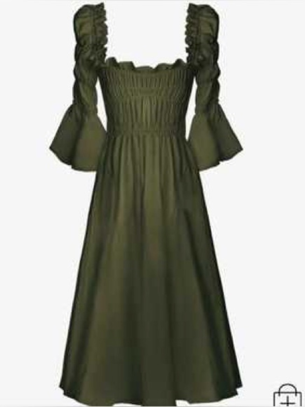 Georgia Hardinge - Olive Green Smocked Midi Dress with Ruffled Sleeves - Size 12